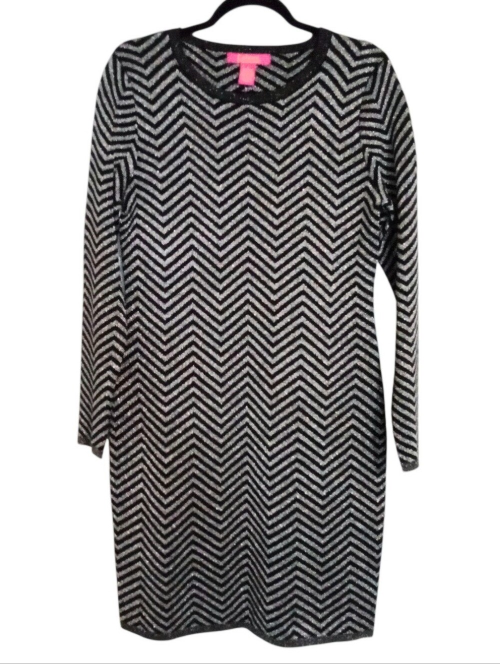 Catherines Primrose Sweater Dress Black Silver Lurex Chevron NWT Large